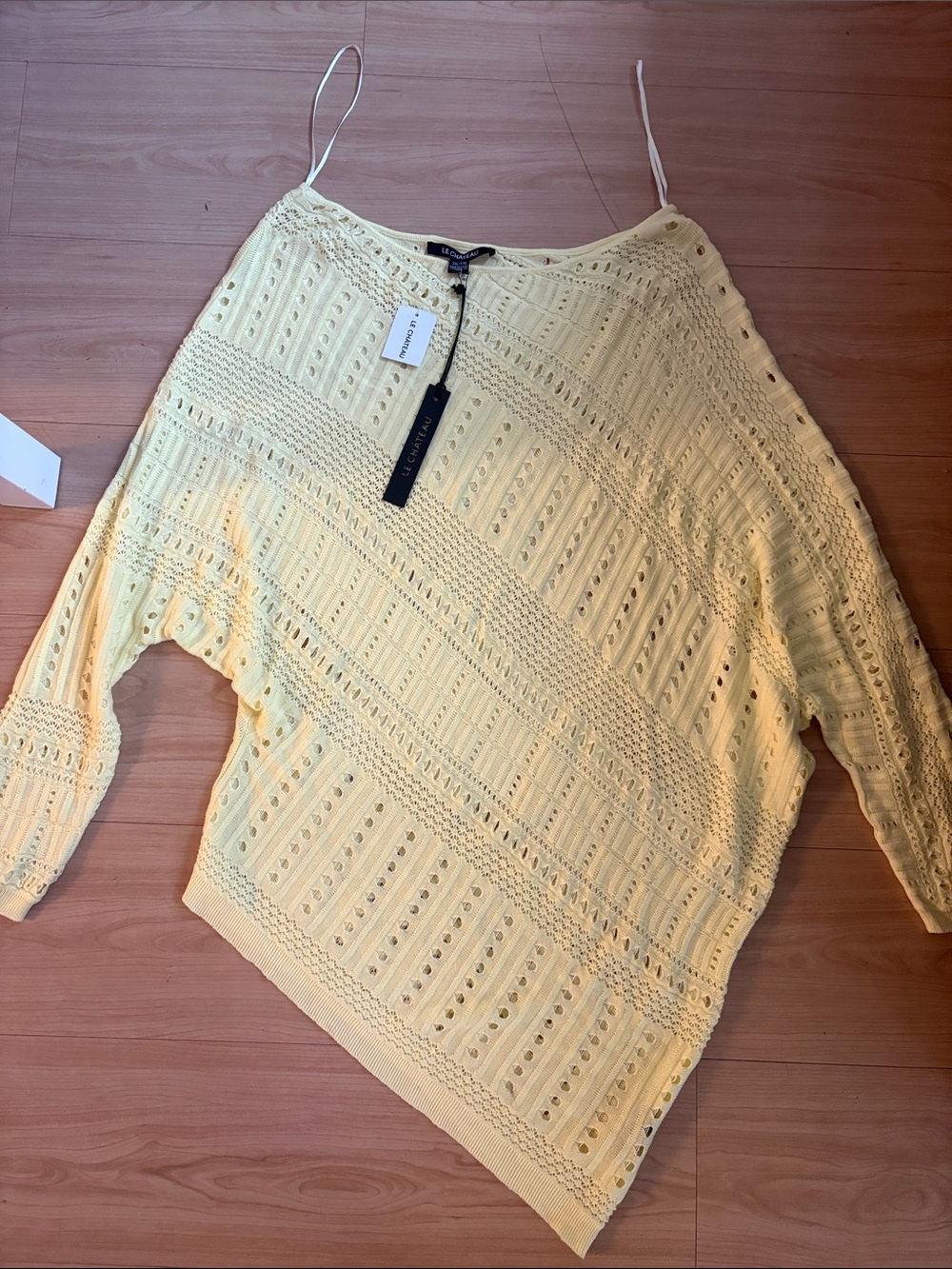le chateau Pale Yellow Off-the-Shoulder Open-Knit Sweater